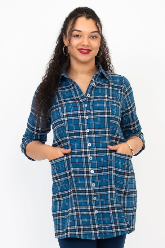 Women's Blouse with Keyhole CollarLarissa Tunic, Maya Plaid, Cotton