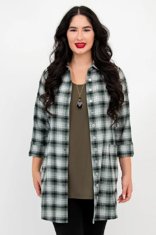 Women's Blouse with Square NeckLarissa Tunic, Mint Plaid, Cotton