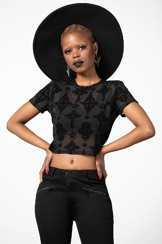 Women's Blouse with Collarless DesignPetra Mesh Crop Top